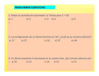 1. Hallar la cantidad de subniveles “p” llenos para Z = 35.
1. Hallar la cantidad de subniveles “p” llenos para Z = 35.
1. Hallar la cantidad de subniveles “p” llenos para Z = 35.
1. Hallar la cantidad de subniveles “p” llenos para Z = 35.
a) 1
a) 1
a) 1
a) 1 b) 2
b) 2
b) 2
b) 2 c) 3 d) 4
c) 3 d) 4
c) 3 d) 4
c) 3 d) 4 e) 5
e) 5
e) 5
e) 5

2. La configuración de un átomo termina en 3d
2. La configuración de un átomo termina en 3d
2. La configuración de un átomo termina en 3d
2. La configuración de un átomo termina en 3d7
7
7
7. ¿Cuál es su número atómico?
. ¿Cuál es su número atómico?
. ¿Cuál es su número atómico?
. ¿Cuál es su número atómico?
a) 17 b) 27
a) 17 b) 27
a) 17 b) 27
a) 17 b) 27 c) 32 d) 37
c) 32 d) 37
c) 32 d) 37
c) 32 d) 37 e) 46
e) 46
e) 46
e) 46
3. Un átomo presenta 4 electrones en el cuarto nivel. ¿Su número atómico es?
3. Un átomo presenta 4 electrones en el cuarto nivel. ¿Su número atómico es?
3. Un átomo presenta 4 electrones en el cuarto nivel. ¿Su número atómico es?
3. Un átomo presenta 4 electrones en el cuarto nivel. ¿Su número atómico es?
 a) 20
a) 20
a) 20
a) 20 b) 22
b) 22
b) 22
b) 22 c) 18 d) 32
c) 18 d) 32
c) 18 d) 32
c) 18 d) 32 e) 34
e) 34
e) 34
e) 34
RESOLVEMOS EJERCICIOS :
 