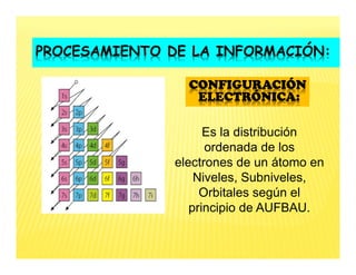 Es la distribución
ordenada de los
electrones de un átomo en
Niveles, Subniveles,
Orbitales según el
principio de AUFBAU.
PROCESAMIENTO DE LA INFORMACIÓN:
CONFIGURACIÓN
CONFIGURACIÓN
CONFIGURACIÓN
CONFIGURACIÓN
ELECTRÓNICA
ELECTRÓNICA
ELECTRÓNICA
ELECTRÓNICA:
:
:
:
 