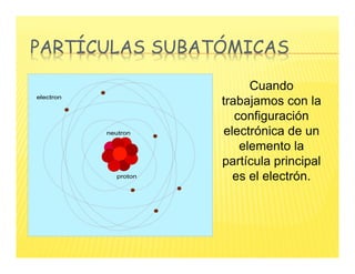 PARTÍCULAS SUBATÓMICAS
electron
neutron
proton
Cuando
trabajamos con la
configuración
electrónica de un
elemento la
partícula principal
es el electrón.
 