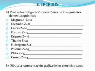 EJERCICIOS
A) Realiza la configuración electrónica de los siguientes
elementos químicos
1) Magnesio Z=12_________________________________
2) Escandio Z=21__________________________________
3) Calcio Z=20___________________________________
4) Fosforo Z=15__________________________________
5) Kriptón Z=36________________________________
6) Titanio Z=22__________________________________
7) Hidrogeno Z=1________________________________
8) Polonio Z=84__________________________________
9) Plata Z=47____________________________________
10) Cromo Z=24__________________________________
B) Dibuja la representación grafica de los ejercicios pares.
 