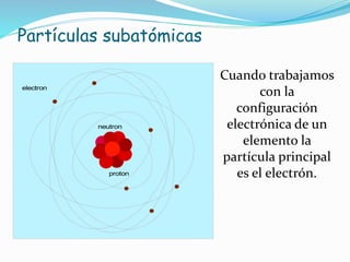 Partículas subatómicas
electron
neutron
proton
Cuando trabajamos
con la
configuración
electrónica de un
elemento la
partícula principal
es el electrón.
 