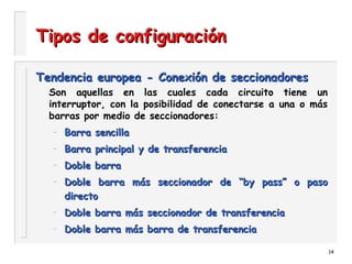 14
Tipos de configuraciónTipos de configuración
Tendencia europea - Conexión de seccionadoresTendencia europea - Conexión de seccionadores
Son aquellas en las cuales cada circuito tiene un
interruptor, con la posibilidad de conectarse a una o más
barras por medio de seccionadores:
– Barra sencillaBarra sencilla
– Barra principal y de transferenciaBarra principal y de transferencia
– Doble barraDoble barra
– Doble barra más seccionador de “by pass” o pasoDoble barra más seccionador de “by pass” o paso
directodirecto
– Doble barra más seccionador de transferenciaDoble barra más seccionador de transferencia
– Doble barra más barra de transferenciaDoble barra más barra de transferencia
 