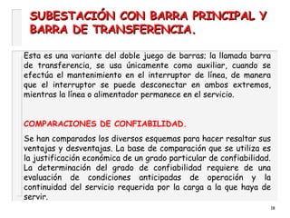 SUBESTACIÓN CON BARRA PRINCIPAL YSUBESTACIÓN CON BARRA PRINCIPAL Y
BARRA DE TRANSFERENCIA.BARRA DE TRANSFERENCIA.
18
Esta es una variante del doble juego de barras; la llamada barra
de transferencia, se usa únicamente como auxiliar, cuando se
efectúa el mantenimiento en el interruptor de línea, de manera
que el interruptor se puede desconectar en ambos extremos,
mientras la línea o alimentador permanece en el servicio.
COMPARACIONES DE CONFIABILIDAD.
Se han comparados los diversos esquemas para hacer resaltar sus
ventajas y desventajas. La base de comparación que se utiliza es
la justificación económica de un grado particular de confiabilidad.
La determinación del grado de confiabilidad requiere de una
evaluación de condiciones anticipadas de operación y la
continuidad del servicio requerida por la carga a la que haya de
servir.
 