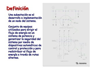 DefiniciónDefinición
Una subestación es elUna subestación es el
desarrollo e implementacióndesarrollo e implementación
de un nodo del sistema.de un nodo del sistema.
Conjunto de equiposConjunto de equipos
utilizados para dirigir elutilizados para dirigir el
flujo de energía en unflujo de energía en un
sistema de potencia ysistema de potencia y
garantizar la seguridad delgarantizar la seguridad del
sistema por medio desistema por medio de
dispositivos automáticos dedispositivos automáticos de
control y protección y paracontrol y protección y para
redistribuir el flujo deredistribuir el flujo de
energía a través de rutasenergía a través de rutas
alternas.alternas.
 