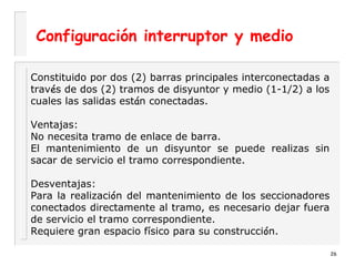 Configuración interruptor y medio
26
Constituido por dos (2) barras principales interconectadas a
través de dos (2) tramos de disyuntor y medio (1-1/2) a los
cuales las salidas están conectadas.
 
Ventajas:
No necesita tramo de enlace de barra.
El mantenimiento de un disyuntor se puede realizas sin
sacar de servicio el tramo correspondiente.
 
Desventajas:
Para la realización del mantenimiento de los seccionadores
conectados directamente al tramo, es necesario dejar fuera
de servicio el tramo correspondiente.
Requiere gran espacio físico para su construcción.
 