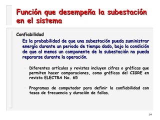 34
Función que desempeña la subestaciónFunción que desempeña la subestación
en el sistemaen el sistema
ConfiabilidadConfiabilidad
Es la probabilidad de que una subestación pueda suministrarEs la probabilidad de que una subestación pueda suministrar
energía durante un periodo de tiempo dado, bajo la condiciónenergía durante un periodo de tiempo dado, bajo la condición
de que al menos un componente de la subestación no puedade que al menos un componente de la subestación no pueda
repararse durante la operación.repararse durante la operación.
– Diferentes artículos y revistas incluyen cifras o gráficas que
permiten hacer comparaciones, como gráficas del CIGRE en
revista ELECTRA No. 65
– Programas de computador para definir la confiabilidad con
tasas de frecuencia y duración de fallas.
 