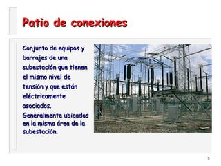5
Patio de conexionesPatio de conexiones
Conjunto de equipos yConjunto de equipos y
barrajes de unabarrajes de una
subestación que tienensubestación que tienen
el mismo nivel deel mismo nivel de
tensión y que estántensión y que están
eléctricamenteeléctricamente
asociados.asociados.
Generalmente ubicadosGeneralmente ubicados
en la misma área de laen la misma área de la
subestación.subestación.
 