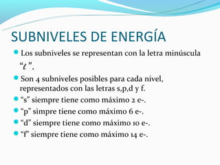 SUBNIVELES DE ENERGÍA
Los subniveles se representan con la letra minúscula
 “l ”.
Son 4 subniveles posibles para cada nivel,
 representados con las letras s,p,d y f.
“s” siempre tiene como máximo 2 e-.
“p” simpre tiene como máximo 6 e-.
“d” siempre tiene como máximo 10 e-.
“f” siempre tiene como máximo 14 e-.
 