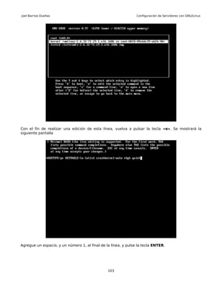 Joel Barrios Dueñas                                             Configuración de Servidores con GNU/Linux




Con el fin de realizar una edición de esta línea, vuelva a pulsar la tecla «e». Se mostrará la
siguiente pantalla




Agregue un espacio, y un número 1, al final de la línea, y pulse la tecla ENTER.




                                                103
 
