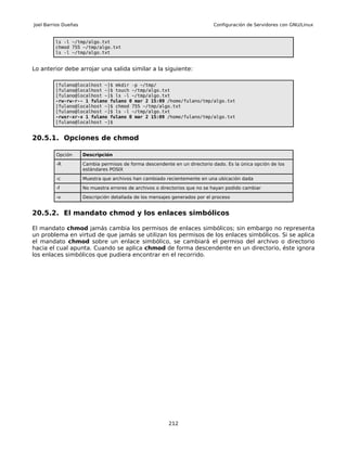 Joel Barrios Dueñas                                                          Configuración de Servidores con GNU/Linux


         ls -l ~/tmp/algo.txt
         chmod 755 ~/tmp/algo.txt
         ls -l ~/tmp/algo.txt


Lo anterior debe arrojar una salida similar a la siguiente:

         [fulano@localhost ~]$ mkdir -p ~/tmp/
         [fulano@localhost ~]$ touch ~/tmp/algo.txt
         [fulano@localhost ~]$ ls -l ~/tmp/algo.txt
         -rw-rw-r-- 1 fulano fulano 0 mar 2 15:09 /home/fulano/tmp/algo.txt
         [fulano@localhost ~]$ chmod 755 ~/tmp/algo.txt
         [fulano@localhost ~]$ ls -l ~/tmp/algo.txt
         -rwxr-xr-x 1 fulano fulano 0 mar 2 15:09 /home/fulano/tmp/algo.txt
         [fulano@localhost ~]$


20.5.1. Opciones de chmod

         Opción       Descripción

         -R           Cambia permisos de forma descendente en un directorio dado. Es la única opción de los
                      estándares POSIX

         -c           Muestra que archivos han cambiado recientemente en una ubicación dada

         -f           No muestra errores de archivos o directorios que no se hayan podido cambiar

         -v           Descripción detallada de los mensajes generados por el proceso


20.5.2. El mandato chmod y los enlaces simbólicos

El mandato chmod jamás cambia los permisos de enlaces simbólicos; sin embargo no representa
un problema en virtud de que jamás se utilizan los permisos de los enlaces simbólicos. Si se aplica
el mandato chmod sobre un enlace simbólico, se cambiará el permiso del archivo o directorio
hacia el cual apunta. Cuando se aplica chmod de forma descendente en un directorio, éste ignora
los enlaces simbólicos que pudiera encontrar en el recorrido.




                                                          212
 