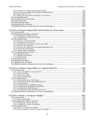 Joel Barrios Dueñas                                                                                  Configuración de Servidores con GNU/Linux


      70.3.4.Creación de claves de acceso para LDAP.................................................................................. 516
      70.3.5.Archivo de configuración /etc/openldap/slapd.conf...................................................................516
      70.3.6.Inicio del servicio...................................................................................................................... 519
      70.3.7.Migración de cuentas existentes en el sistema......................................................................... 519
  70.4.Comprobaciones............................................................................................................... 520
  70.5.Configuración de clientes.................................................................................................522
  70.6.Administración.................................................................................................................. 523
  70.7.Respaldo de datos............................................................................................................ 523
  70.8.Restauración de datos...................................................................................................... 524
  70.9.Modificaciones necesarias en el muro cortafuegos...........................................................525

71.Cómo configurar OpenLDAP como libreta de direcciones...............................526
  71.1.Introducción...................................................................................................................... 526
  71.2.Equipamiento lógico necesario.........................................................................................526
      71.2.1.Instalación a través de yum...................................................................................................... 526
      71.2.2.Instalación a través de up2date................................................................................................ 526
  71.3.Procedimientos................................................................................................................. 527
      71.3.1.SELinux y el servicio ldap......................................................................................................... 527
      71.3.2.Creación de directorios............................................................................................................. 527
      71.3.3.Generación de claves de acceso para LDAP.............................................................................. 527
      71.3.4.Archivo de esquemas............................................................................................................... 527
      71.3.5.Archivo de configuración /etc/openldap/slapd.conf...................................................................528
      71.3.6.Inicio del servicio ldap.............................................................................................................. 528
      71.3.7.Añadir datos al directorio......................................................................................................... 528
  71.4.Configuración de clientes.................................................................................................530
      71.4.1.Novell Evolution........................................................................................................................ 530
      71.4.2.Mozilla Thunderbird.................................................................................................................. 532
      71.4.3.Squirrelmail.............................................................................................................................. 533
  71.5.Administración.................................................................................................................. 534
  71.6.Respaldo de datos............................................................................................................ 534
  71.7.Restauración de datos...................................................................................................... 534
  71.8.Modificaciones necesarias en el muro cortafuegos...........................................................535

72.Cómo configurar OpenLDAP con soporte SSL/TLS..........................................536
  72.1.Introducción...................................................................................................................... 536
      72.1.1.Acerca       de   LDAP en modo SSL/TLS............................................................................................ 536
      72.1.2.Acerca       de   RSA.......................................................................................................................... 536
      72.1.3.Acerca       de   X.509....................................................................................................................... 537
      72.1.4.Acerca       de   OpenSSL.................................................................................................................. 537
  72.2.Procedimientos................................................................................................................. 537
      72.2.1.Generando clave y certificado.................................................................................................. 537
      72.2.2.Parámetros de /etc/openldap/slapd.conf................................................................................... 538
      72.2.3.Comprobación.......................................................................................................................... 538
      72.2.4.Configuración de GNOME Evolution.......................................................................................... 539
      72.2.5.Configuración de Mozilla Thunderbird...................................................................................... 539
      72.2.6.Configuración LDAP Browser.................................................................................................... 540
      72.2.7.Configuración LDAP Administration Tool................................................................................... 540
  72.3.Modificaciones necesarias en el muro cortafuegos...........................................................541

73.Cómo instalar y configurar MySQL™...............................................................542
  73.1.Introducción...................................................................................................................... 542
      73.1.1.Acerca de MySQL™................................................................................................................... 542
  73.2.Equipamiento lógico necesario.........................................................................................542
      73.2.1.Instalación a través de yum...................................................................................................... 542
      73.2.2.Instalación a través de up2date................................................................................................ 542
  73.3.Procedimientos................................................................................................................. 543
      73.3.1.SELinux y el servicio mysqld..................................................................................................... 543
      73.3.2.Iniciar, detener y reiniciar el servicio mysqld............................................................................ 543


                                                                           22
 