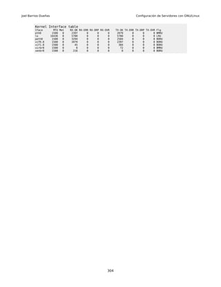 Joel Barrios Dueñas                                                          Configuración de Servidores con GNU/Linux


         Kernel Interface table
         Iface          MTU Met   RX-OK RX-ERR RX-DRP RX-OVR    TX-OK TX-ERR TX-DRP TX-OVR Flg
         eth0          1500   0    2397      0      0      0     2079      0      0      0 BMRU
         lo           16436   0    5780      0      0      0     5780      0      0      0 LRU
         peth0         1500   0    3294      0      0      0     2584      0      0      0 BORU
         vif0.0        1500   0    2079      0      0      0     2397      0      0      0 BORU
         vif1.0        1500   0      45      0      0      0      384      0      0      0 BORU
         virbr0        1500   0       0      0      0      0       72      0      0      0 BMRU
         xenbr0        1500   0     216      0      0      0        0      0      0      0 BORU




                                                          304
 