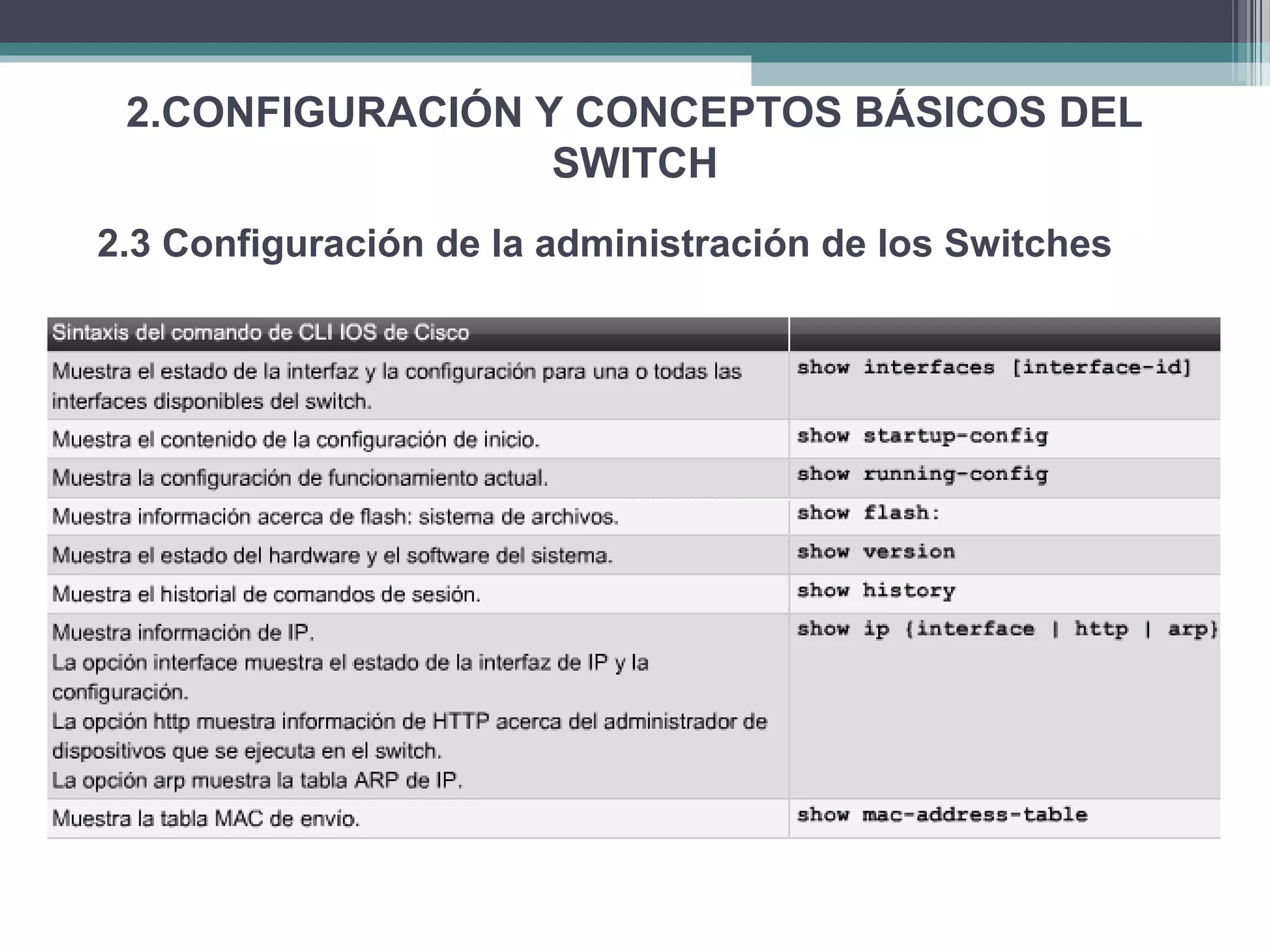 2.CONFIGURACIÓN Y CONCEPTOS BÁSICOS DEL
SWITCH
2.3 Configuración de la administración de los Switches
 