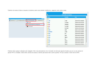 Podemos ter acesso à todos os arquivos do sistema, assim como também modificá-los, apagá-los entre outras coisas. 
Podemos fazer qualquer alteração pelo navegador Web, mas precisaremos de um emulador do shell para algumas funções que por sua vez precisa do 
pacote PHP 5.x instalado. Então vamos precisar de acesso à internet para baixar este e outros pacotes. Pra isso, acessar o modo texto do BFW. 
 