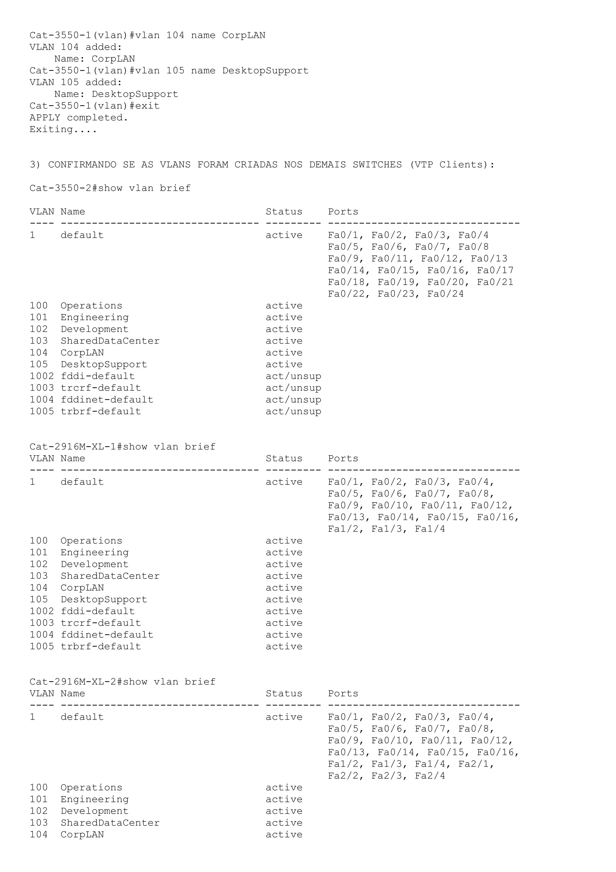 Cat-3550-1(vlan)#vlan 104 name CorpLAN
VLAN 104 added:
    Name: CorpLAN
Cat-3550-1(vlan)#vlan 105 name DesktopSupport
VLAN 105 added:
    Name: DesktopSupport
Cat-3550-1(vlan)#exit
APPLY completed.
Exiting....


3) CONFIRMANDO SE AS VLANS FORAM CRIADAS NOS DEMAIS SWITCHES (VTP Clients):

Cat-3550-2#show vlan brief

VLAN Name                             Status    Ports
---- -------------------------------- --------- -------------------------------
1    default                          active    Fa0/1, Fa0/2, Fa0/3, Fa0/4
                                                Fa0/5, Fa0/6, Fa0/7, Fa0/8
                                                Fa0/9, Fa0/11, Fa0/12, Fa0/13
                                                Fa0/14, Fa0/15, Fa0/16, Fa0/17
                                                Fa0/18, Fa0/19, Fa0/20, Fa0/21
                                                Fa0/22, Fa0/23, Fa0/24
100 Operations                        active
101 Engineering                       active
102 Development                       active
103 SharedDataCenter                  active
104 CorpLAN                           active
105 DesktopSupport                    active
1002 fddi-default                     act/unsup
1003 trcrf-default                    act/unsup
1004 fddinet-default                  act/unsup
1005 trbrf-default                    act/unsup


Cat-2916M-XL-1#show vlan brief
VLAN Name                             Status    Ports
---- -------------------------------- --------- -------------------------------
1    default                          active    Fa0/1, Fa0/2, Fa0/3, Fa0/4,
                                                Fa0/5, Fa0/6, Fa0/7, Fa0/8,
                                                Fa0/9, Fa0/10, Fa0/11, Fa0/12,
                                                Fa0/13, Fa0/14, Fa0/15, Fa0/16,
                                                Fa1/2, Fa1/3, Fa1/4
100 Operations                        active
101 Engineering                       active
102 Development                       active
103 SharedDataCenter                  active
104 CorpLAN                           active
105 DesktopSupport                    active
1002 fddi-default                     active
1003 trcrf-default                    active
1004 fddinet-default                  active
1005 trbrf-default                    active


Cat-2916M-XL-2#show vlan brief
VLAN Name                             Status    Ports
---- -------------------------------- --------- -------------------------------
1    default                          active    Fa0/1, Fa0/2, Fa0/3, Fa0/4,
                                                Fa0/5, Fa0/6, Fa0/7, Fa0/8,
                                                Fa0/9, Fa0/10, Fa0/11, Fa0/12,
                                                Fa0/13, Fa0/14, Fa0/15, Fa0/16,
                                                Fa1/2, Fa1/3, Fa1/4, Fa2/1,
                                                Fa2/2, Fa2/3, Fa2/4
100 Operations                        active
101 Engineering                       active
102 Development                       active
103 SharedDataCenter                  active
104 CorpLAN                           active
 