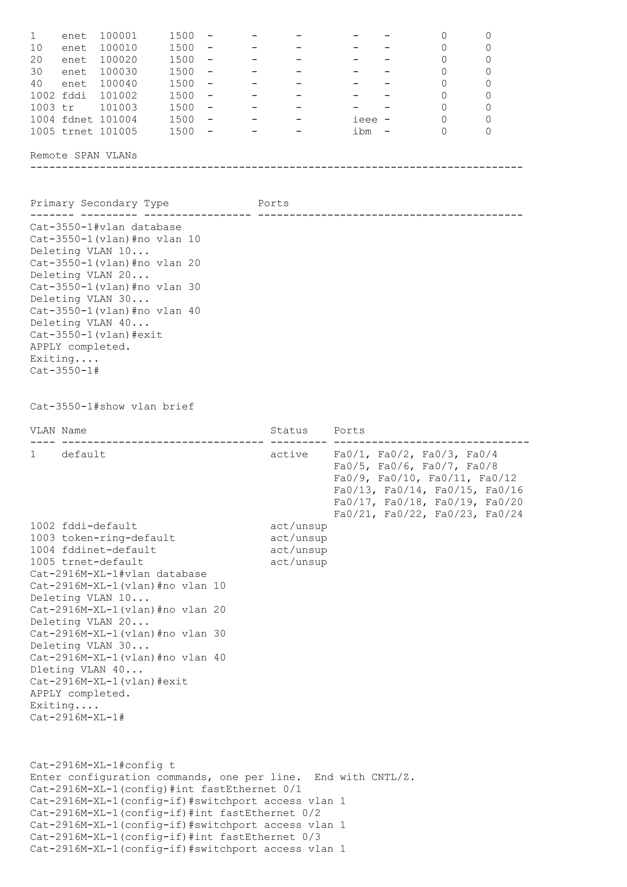 1      enet    100001   1500   -   -      -            -      -   0     0
10     enet    100010   1500   -   -      -            -      -   0     0
20     enet    100020   1500   -   -      -            -      -   0     0
30     enet    100030   1500   -   -      -            -      -   0     0
40     enet    100040   1500   -   -      -            -      -   0     0
1002   fddi    101002   1500   -   -      -            -      -   0     0
1003   tr      101003   1500   -   -      -            -      -   0     0
1004   fdnet   101004   1500   -   -      -            ieee   -   0     0
1005   trnet   101005   1500   -   -      -            ibm    -   0     0

Remote SPAN VLANs
------------------------------------------------------------------------------


Primary Secondary Type              Ports
------- --------- ----------------- ------------------------------------------
Cat-3550-1#vlan database
Cat-3550-1(vlan)#no vlan 10
Deleting VLAN 10...
Cat-3550-1(vlan)#no vlan 20
Deleting VLAN 20...
Cat-3550-1(vlan)#no vlan 30
Deleting VLAN 30...
Cat-3550-1(vlan)#no vlan 40
Deleting VLAN 40...
Cat-3550-1(vlan)#exit
APPLY completed.
Exiting....
Cat-3550-1#


Cat-3550-1#show vlan brief

VLAN Name                             Status    Ports
---- -------------------------------- --------- -------------------------------
1    default                          active    Fa0/1, Fa0/2, Fa0/3, Fa0/4
                                                Fa0/5, Fa0/6, Fa0/7, Fa0/8
                                                Fa0/9, Fa0/10, Fa0/11, Fa0/12
                                                Fa0/13, Fa0/14, Fa0/15, Fa0/16
                                                Fa0/17, Fa0/18, Fa0/19, Fa0/20
                                                Fa0/21, Fa0/22, Fa0/23, Fa0/24
1002 fddi-default                     act/unsup
1003 token-ring-default               act/unsup
1004 fddinet-default                  act/unsup
1005 trnet-default                    act/unsup
Cat-2916M-XL-1#vlan database
Cat-2916M-XL-1(vlan)#no vlan 10
Deleting VLAN 10...
Cat-2916M-XL-1(vlan)#no vlan 20
Deleting VLAN 20...
Cat-2916M-XL-1(vlan)#no vlan 30
Deleting VLAN 30...
Cat-2916M-XL-1(vlan)#no vlan 40
Dleting VLAN 40...
Cat-2916M-XL-1(vlan)#exit
APPLY completed.
Exiting....
Cat-2916M-XL-1#



Cat-2916M-XL-1#config t
Enter configuration commands, one per line. End    with CNTL/Z.
Cat-2916M-XL-1(config)#int fastEthernet 0/1
Cat-2916M-XL-1(config-if)#switchport access vlan   1
Cat-2916M-XL-1(config-if)#int fastEthernet 0/2
Cat-2916M-XL-1(config-if)#switchport access vlan   1
Cat-2916M-XL-1(config-if)#int fastEthernet 0/3
Cat-2916M-XL-1(config-if)#switchport access vlan   1
 