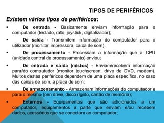	Os exemplos de periféricos são: impressoras, digitalizadores, leitores e ou gravadores de CDs e DVDs, leitores de cartões e disquetes, ratos, teclados, câmaras de vídeo, entre outros. Cada periférico tem a sua função definida, desempenhada ao enviar tarefas ao computador, de acordo com sua função periférica.Tipos de Periféricos Existem vários tipos de periféricos:De entrada- Basicamente enviam informação para o computador (teclado, rato, joystick, digitalizador);