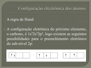 A regra de Hund
 A configuração eletrônica do próximo elemento,
o carbono, é 1s22s22p2, logo existem as seguintes
possibilidades para o preenchimento eletrônico
do sub-nível 2p:
 