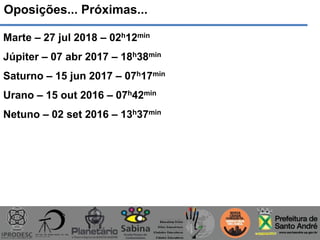 Oposições... Próximas...
Marte – 27 jul 2018 – 02h12min
Júpiter – 07 abr 2017 – 18h38min
Saturno – 15 jun 2017 – 07h17min
Urano – 15 out 2016 – 07h42min
Netuno – 02 set 2016 – 13h37min
 