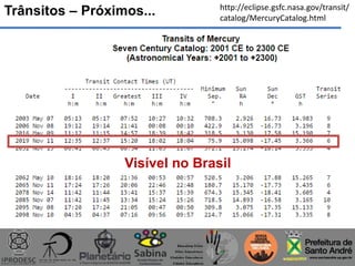 Trânsitos – Próximos... http://eclipse.gsfc.nasa.gov/transit/
catalog/MercuryCatalog.html
Visível no Brasil
 