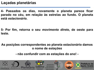 Laçadas planetárias
4- Passados os dias, novamente o planeta parece ficar
parado no céu, em relação às estrelas ao fundo. O planeta
está estacionário.
5- Por fim, retorna o seu movimento direto, de oeste para
leste.
As posições correspondentes ao planeta estacionário damos
o nome de estações
- não confundir com as estações do ano! -
 