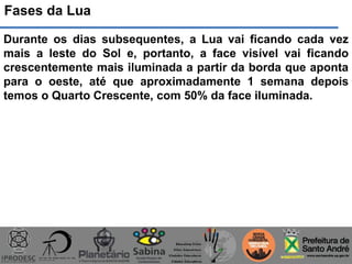 Fases da Lua
Durante os dias subsequentes, a Lua vai ficando cada vez
mais a leste do Sol e, portanto, a face visível vai ficando
crescentemente mais iluminada a partir da borda que aponta
para o oeste, até que aproximadamente 1 semana depois
temos o Quarto Crescente, com 50% da face iluminada.
 