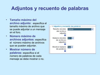 Adjuntos y recuento de palabras
• Tamaño máximo del
archivo adjunto: especifica el
tamaño máximo de archivo que
se puede adjuntar a un mensaje
en el foro.
• Número máximo de
archivos adjuntos: especifica
el número máximo de archivos
que se pueden adjuntar.
• Mostrar número de
palabras: especifica si el
número de palabras de cada
mensaje se debe mostrar o no.
 