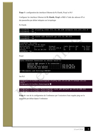 913 avril 2018
Étape 3 : configuration des interfaces Ethernet de Pc Elastik, Pcxp1 et Pc3
Configurez les interfaces Ethernet de Pc Elastik, Pcxp1 et Pc3 à l’aide des adresses IP et
des passerelles par défaut indiquées sur la topologie
Pc Elastik
Pcxp1
Sur Pc3
Étape 4 : test de la configuration de l’ordinateur par l’exécution d’une requête ping sur la
passerelle par défaut depuis l’ordinateur
 