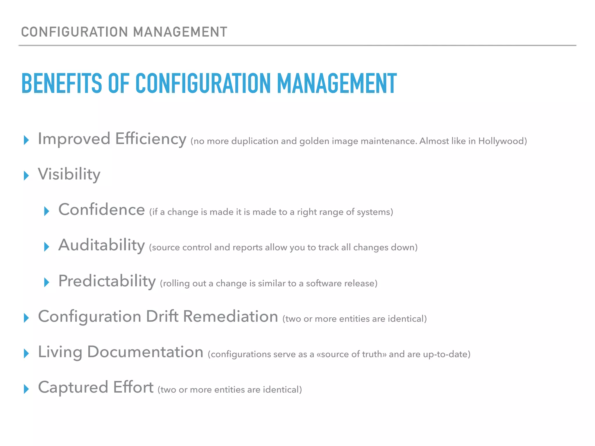 CONFIGURATION MANAGEMENT
WHEN IT IS MORE OF SPAGHETTI
▸ Scripts are hard to re-use
▸ High code duplication
▸ High entry point for new staff
▸ Low documentation quality
▸ No clear standards
▸ No business behind provision.sh
12
 