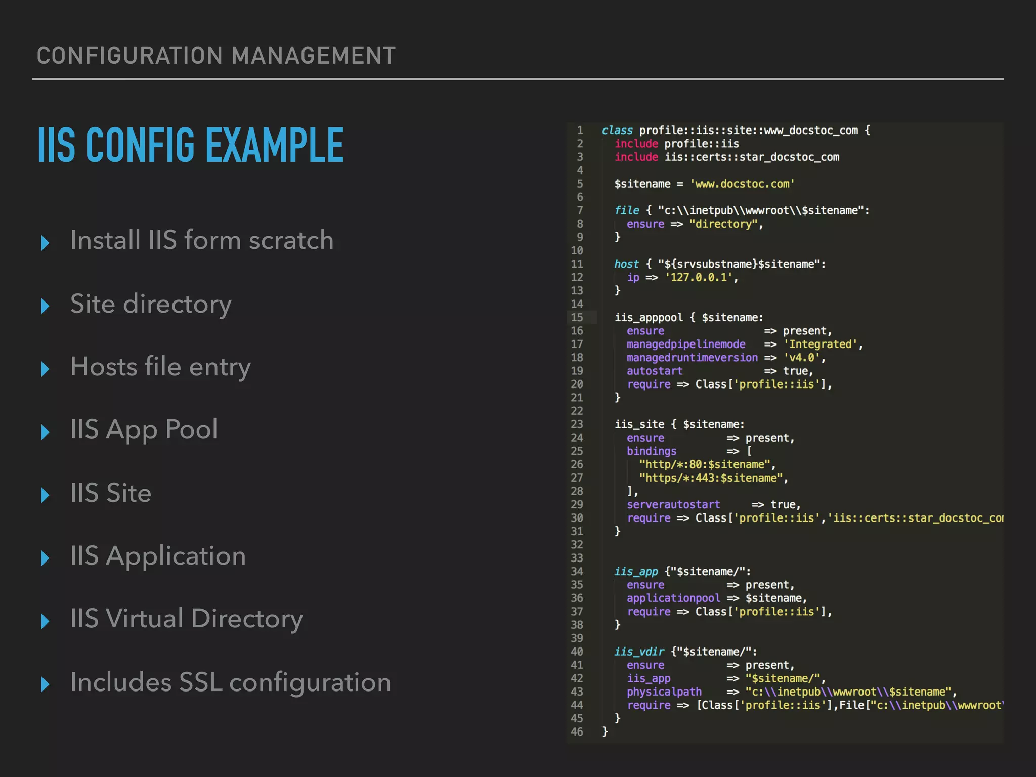CONFIGURATION MANAGEMENT
PUPPET: DEFINED STATE OF RESOURCES
▸ Deﬁne
▸ Test
▸ Enforce
▸ Report
17
 