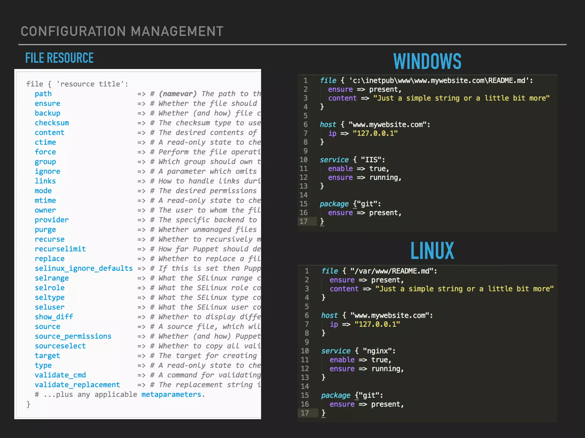 CONFIGURATION MANAGEMENT
IIS CONFIG EXAMPLE
▸ Install IIS form scratch
▸ Site directory
▸ Hosts ﬁle entry
▸ IIS App Pool
▸ IIS Site
▸ IIS Application
▸ IIS Virtual Directory
▸ Includes SSL conﬁguration
19
 