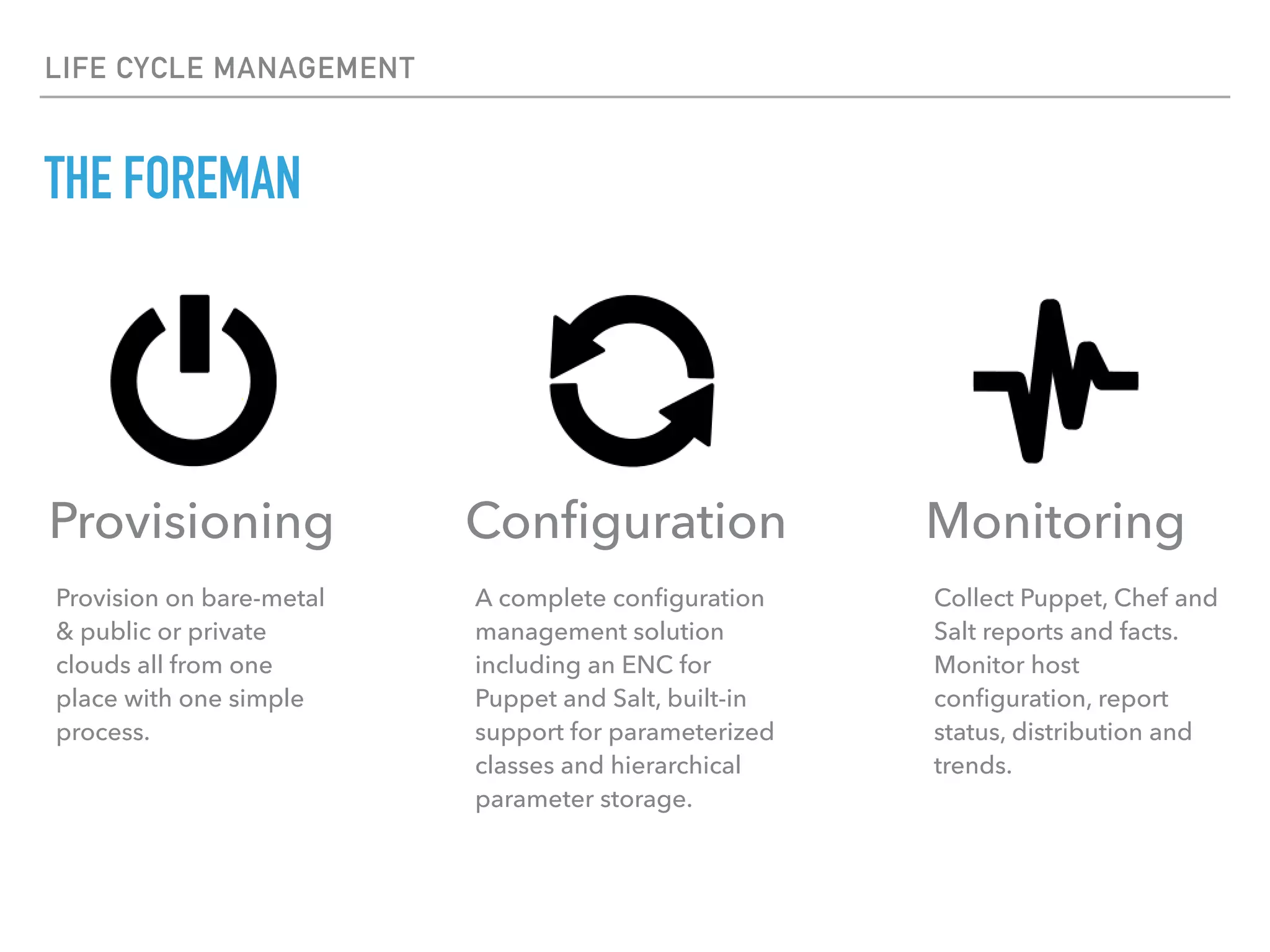 LIFECYCLE MANAGEMENT
CROSS-PLATFORM
▸ Puppet razor
▸ Chef knife-bootstrap
▸ Foreman (GUI, foreman-cli, REST)
WINDOWS PROPRIETARY
▸ SCCM
▸ WDS
▸ Dell KACE
25
 