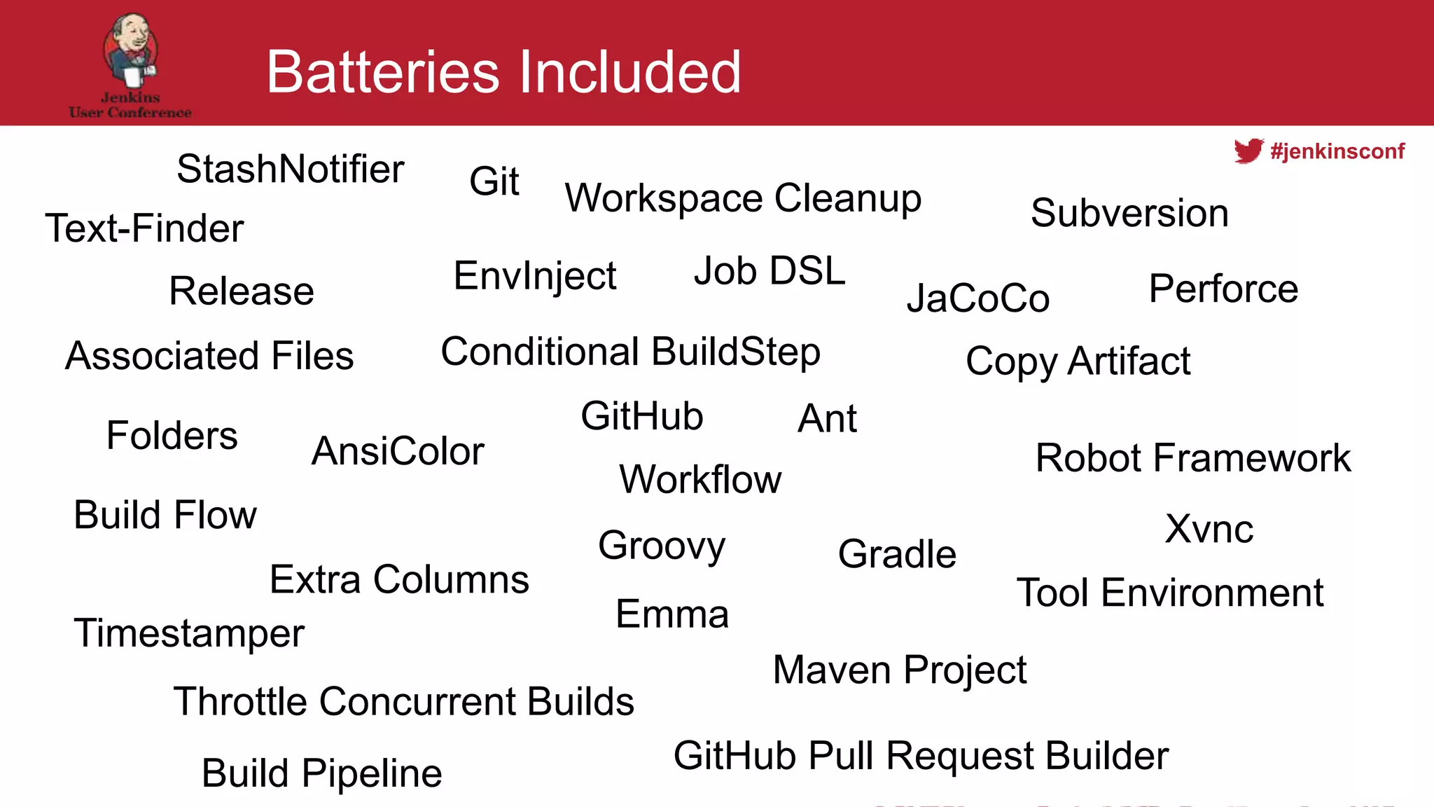 #jenkinsconf
Batteries Included
EnvInject
Groovy
Copy Artifact
Git
Subversion
Folders
Extra Columns
StashNotifier
Gradle
Build Pipeline
Workspace Cleanup
GitHub Pull Request Builder
GitHub
JaCoCoRelease
Build Flow
Robot Framework
Tool Environment
Conditional BuildStep
Throttle Concurrent Builds
Associated Files
Workflow
Emma
Xvnc
AnsiColor
Timestamper
Text-Finder
Job DSL Perforce
Ant
Maven Project
 