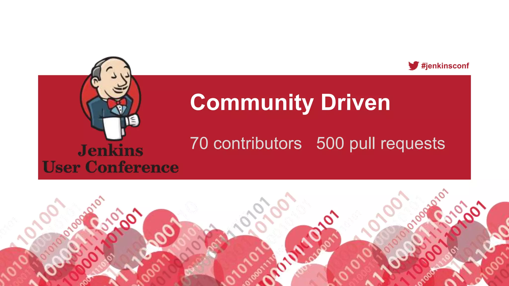 #jenkinsconf
Community Driven
70 contributors 500 pull requests
 