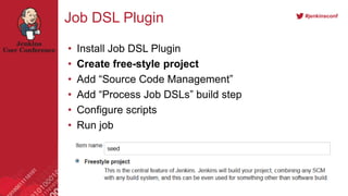 #jenkinsconf
Job DSL Plugin
• Install Job DSL Plugin
• Create free-style project
• Add “Source Code Management”
• Add “Process Job DSLs” build step
• Configure scripts
• Run job
 