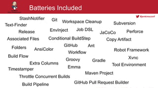 #jenkinsconf
Batteries Included
EnvInject
Groovy
Copy Artifact
Git
Subversion
Folders
Extra Columns
StashNotifier
Gradle
Build Pipeline
Workspace Cleanup
GitHub Pull Request Builder
GitHub
JaCoCoRelease
Build Flow
Robot Framework
Tool Environment
Conditional BuildStep
Throttle Concurrent Builds
Associated Files
Workflow
Emma
Xvnc
AnsiColor
Timestamper
Text-Finder
Job DSL Perforce
Ant
Maven Project
 