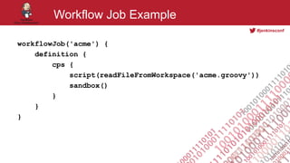 #jenkinsconf
Workflow Job Example
workflowJob('acme') {
definition {
cps {
script(readFileFromWorkspace('acme.groovy'))
sandbox()
}
}
}
 