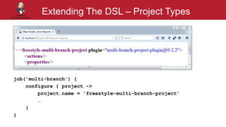 #jenkinsconf
Extending The DSL – Project Types
job('multi-branch') {
configure { project ->
project.name = 'freestyle-multi-branch-project'
…
}
}
 