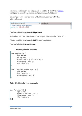 serveur ne peut résoudre une adresse, ici, ce sont les IP des DNS d’Orange.
Voilà pour le named.conf, passons au fichier named.rfc1912.zones :

On configure notre résolveur pour qu'il utilise notre serveur DNS dans
/etc/resolv.conf:




Configuration d'un serveur DNS primaire

Nous allons créer une zone directe et inverse pour notre domaine “wrgd.sn”

Editons le fichier “/etc/named.rfc1912.zones” et ajoutons:

Pour la résolution directeet inverse

         Serveur primaire (master)




Autre Machine : Serveur secondaire




                                                                              6
Dimitri LEMBOKOLO
 