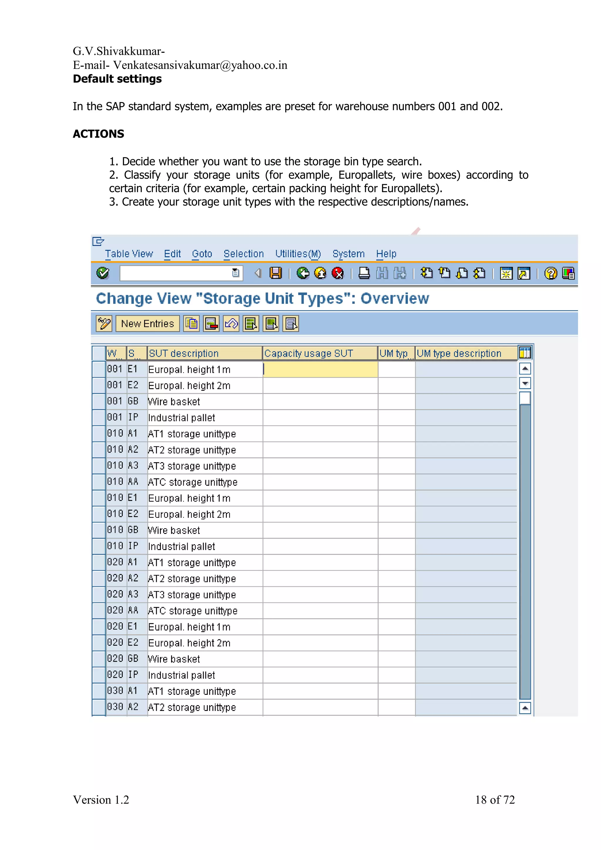 G.V.Shivakkumar- E-mail- Venkatesansivakumar@yahoo.co.in Default settings In the SAP standard system, examples are preset for warehouse numbers 001 and 002. ACTIONS 1. Decide whether you want to use the storage bin type search. 2. Classify your storage units (for example, Europallets, wire boxes) according to certain criteria (for example, certain packing height for Europallets). 3. Create your storage unit types with the respective descriptions/names. Version 1.2 18 of 72 