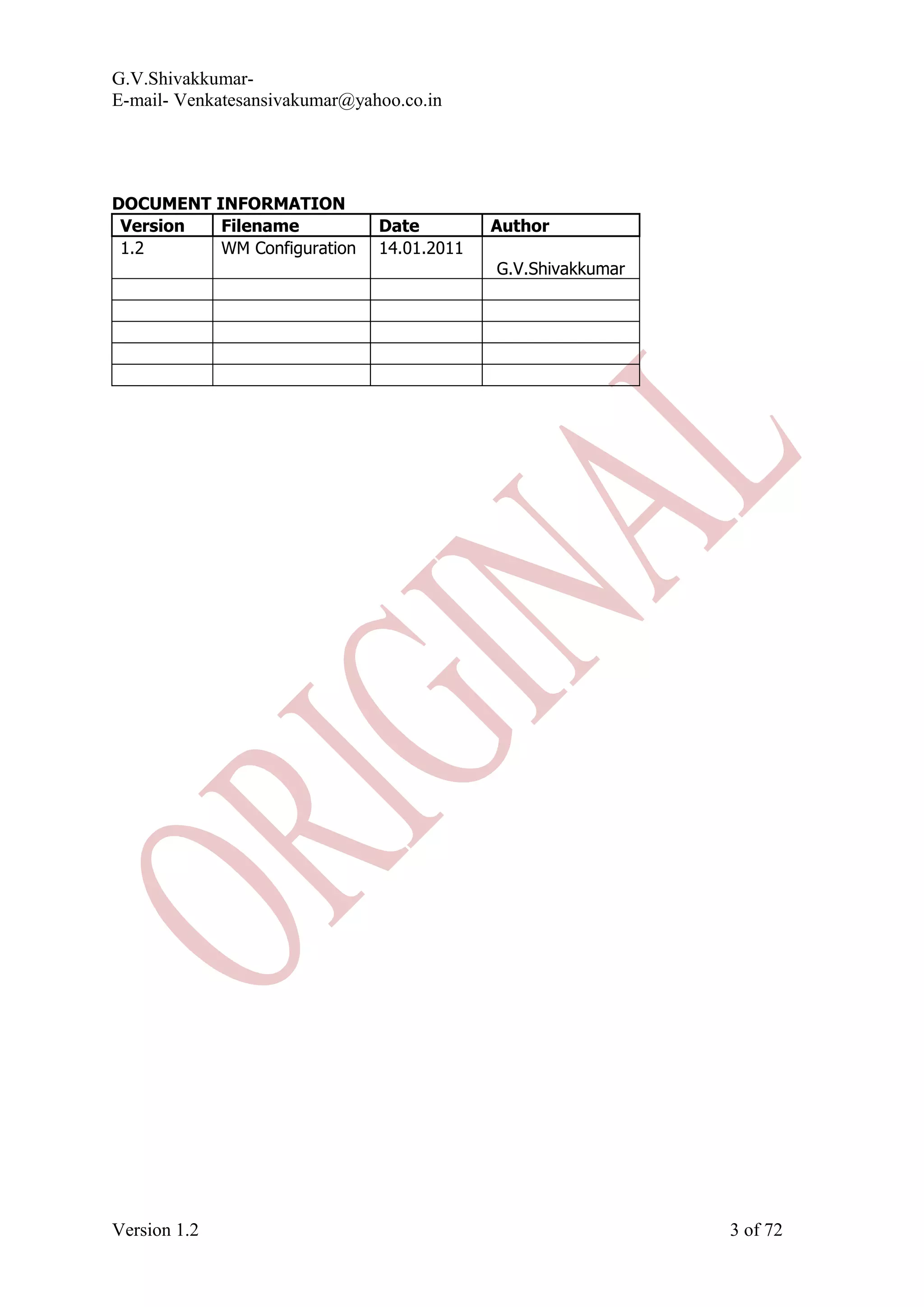 G.V.Shivakkumar- E-mail- Venkatesansivakumar@yahoo.co.in DOCUMENT INFORMATION Version Filename Date Author 1.2 WM Configuration 14.01.2011 G.V.Shivakkumar Version 1.2 3 of 72 