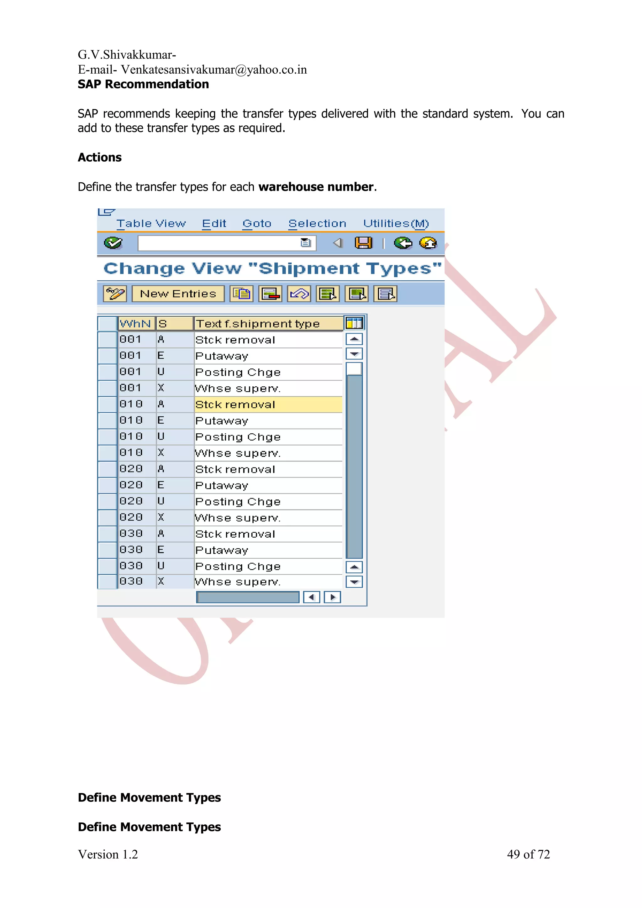 G.V.Shivakkumar- E-mail- Venkatesansivakumar@yahoo.co.in SAP Recommendation SAP recommends keeping the transfer types delivered with the standard system. You can add to these transfer types as required. Actions Define the transfer types for each warehouse number. Define Movement Types Define Movement Types Version 1.2 49 of 72 