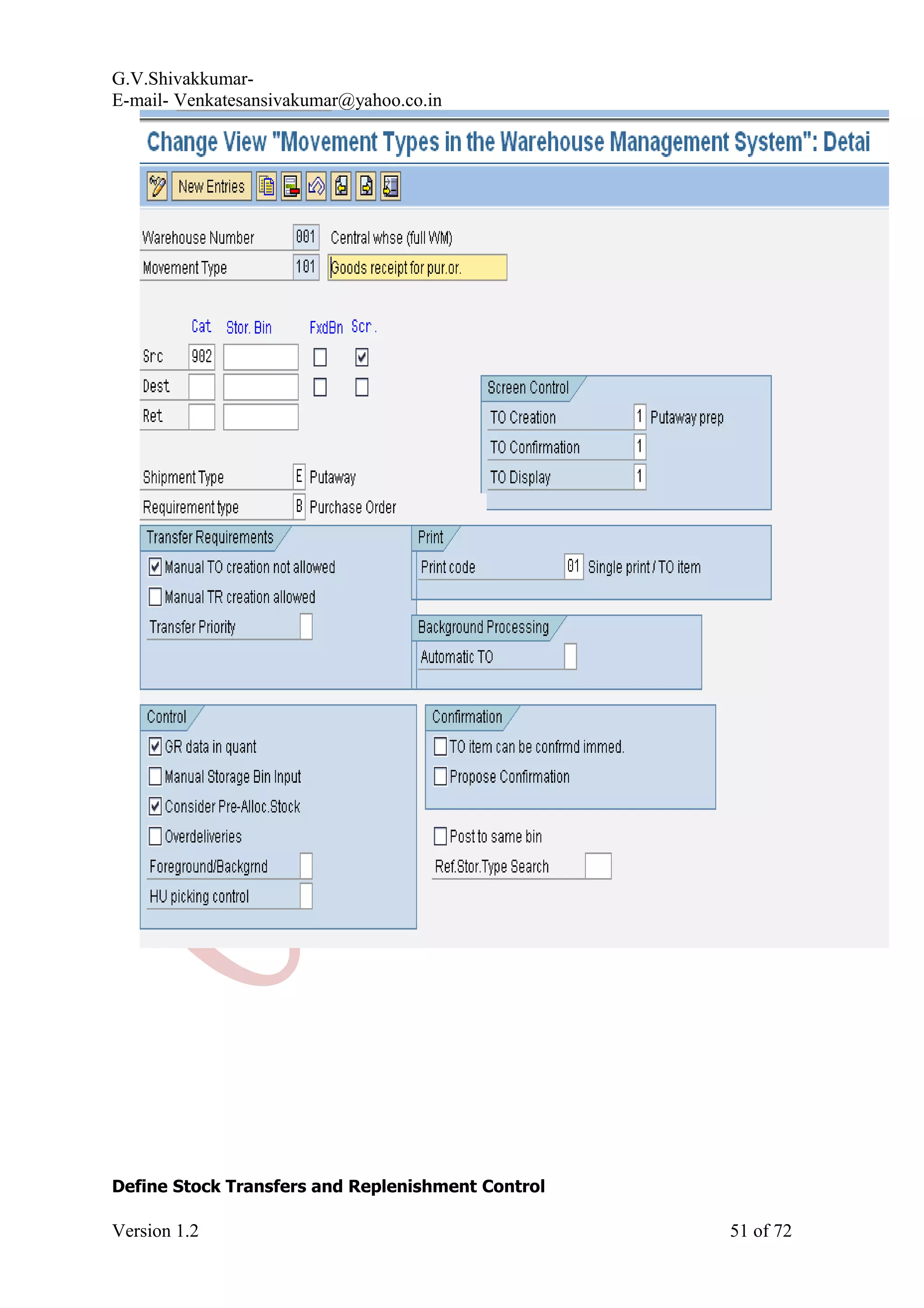 G.V.Shivakkumar- E-mail- Venkatesansivakumar@yahoo.co.in Define Stock Transfers and Replenishment Control Version 1.2 51 of 72 