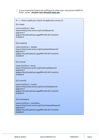 Sallaud Jérémy Eyes of Network 4.0 19/02/2014 Page 6
o Si vous ne parvenez toujours pas à effectuer les mises à jour, vous pouvez modifier le
fichier suivant : /etc/yum.repos.d/CentOS-Vault.repo
#-------- Fichier modifié pour obtenir les dépôts de la version 6.5
[C6.5-base]
name=CentOS-6.5 - Base
baseurl=http://vault.centos.org/6.5/os/$basearch/
gpgcheck=1
gpgkey=file:///etc/pki/rpm-gpg/RPM-GPG-KEY-CentOS-6
enabled=0
[C6.5-updates]
name=CentOS-6.5 - Updates
baseurl=http://vault.centos.org/6.5/updates/$basearch/
gpgcheck=1
gpgkey=file:///etc/pki/rpm-gpg/RPM-GPG-KEY-CentOS-6
enabled=0
[C6.5-extras]
name=CentOS-6.5 - Extras
baseurl=http://vault.centos.org/6.5/extras/$basearch/
gpgcheck=1
gpgkey=file:///etc/pki/rpm-gpg/RPM-GPG-KEY-CentOS-6
enabled=0
[C6.5-contrib]
name=CentOS-6.5 - Contrib
baseurl=http://vault.centos.org/6.5/contrib/$basearch/
gpgcheck=1
gpgkey=file:///etc/pki/rpm-gpg/RPM-GPG-KEY-CentOS-6
enabled=0
[C6.5-centosplus]
name=CentOS-6.5 - CentOSPlus
baseurl=http://vault.centos.org/6.5/centosplus/$basearch/
gpgcheck=1
gpgkey=file:///etc/pki/rpm-gpg/RPM-GPG-KEY-CentOS-6
enabled=0
 
