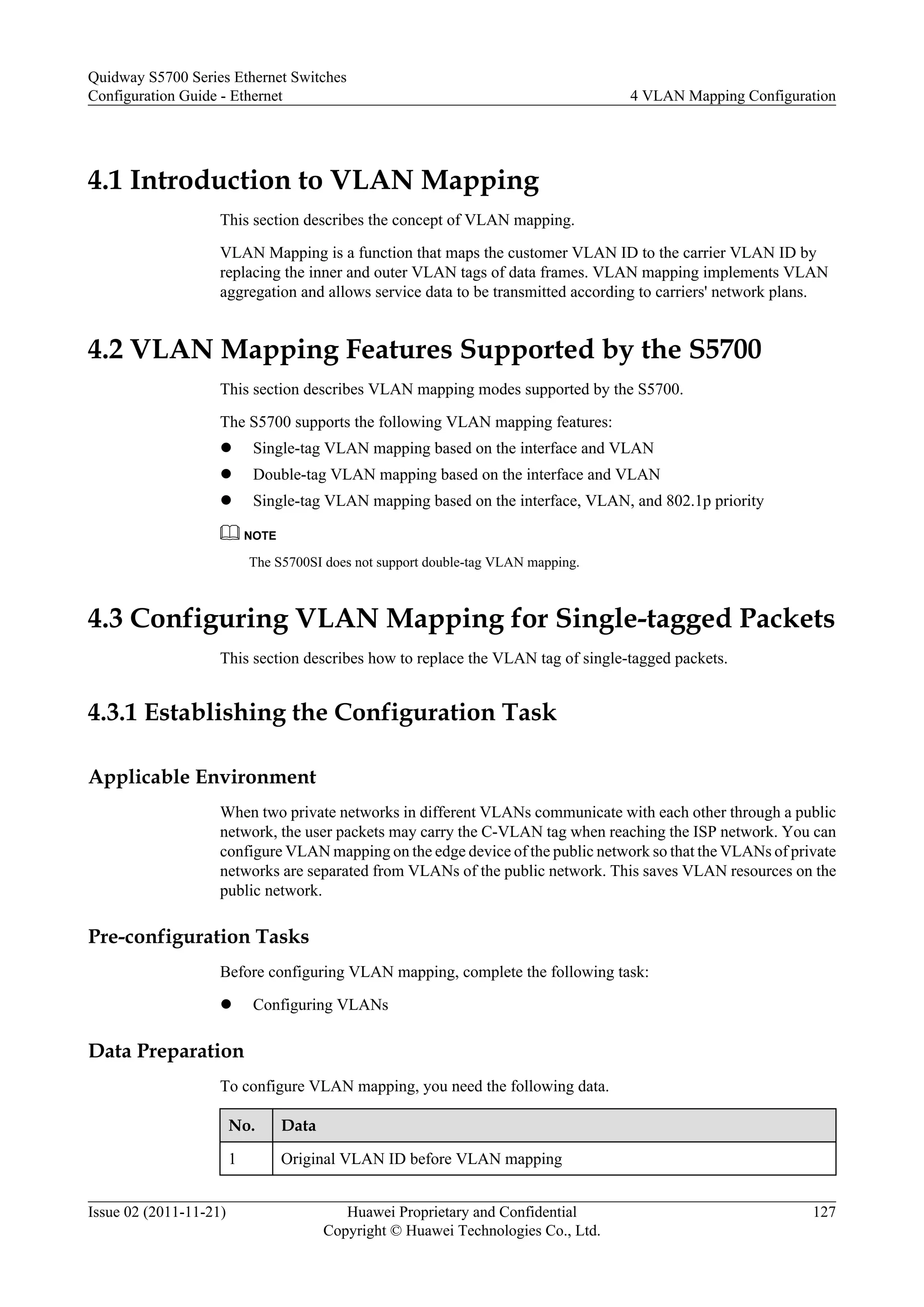 4.1 Introduction to VLAN Mapping
This section describes the concept of VLAN mapping.
VLAN Mapping is a function that maps the customer VLAN ID to the carrier VLAN ID by
replacing the inner and outer VLAN tags of data frames. VLAN mapping implements VLAN
aggregation and allows service data to be transmitted according to carriers' network plans.
4.2 VLAN Mapping Features Supported by the S5700
This section describes VLAN mapping modes supported by the S5700.
The S5700 supports the following VLAN mapping features:
l Single-tag VLAN mapping based on the interface and VLAN
l Double-tag VLAN mapping based on the interface and VLAN
l Single-tag VLAN mapping based on the interface, VLAN, and 802.1p priority
NOTE
The S5700SI does not support double-tag VLAN mapping.
4.3 Configuring VLAN Mapping for Single-tagged Packets
This section describes how to replace the VLAN tag of single-tagged packets.
4.3.1 Establishing the Configuration Task
Applicable Environment
When two private networks in different VLANs communicate with each other through a public
network, the user packets may carry the C-VLAN tag when reaching the ISP network. You can
configure VLAN mapping on the edge device of the public network so that the VLANs of private
networks are separated from VLANs of the public network. This saves VLAN resources on the
public network.
Pre-configuration Tasks
Before configuring VLAN mapping, complete the following task:
l Configuring VLANs
Data Preparation
To configure VLAN mapping, you need the following data.
No. Data
1 Original VLAN ID before VLAN mapping
Quidway S5700 Series Ethernet Switches
Configuration Guide - Ethernet 4 VLAN Mapping Configuration
Issue 02 (2011-11-21) Huawei Proprietary and Confidential
Copyright © Huawei Technologies Co., Ltd.
127
 