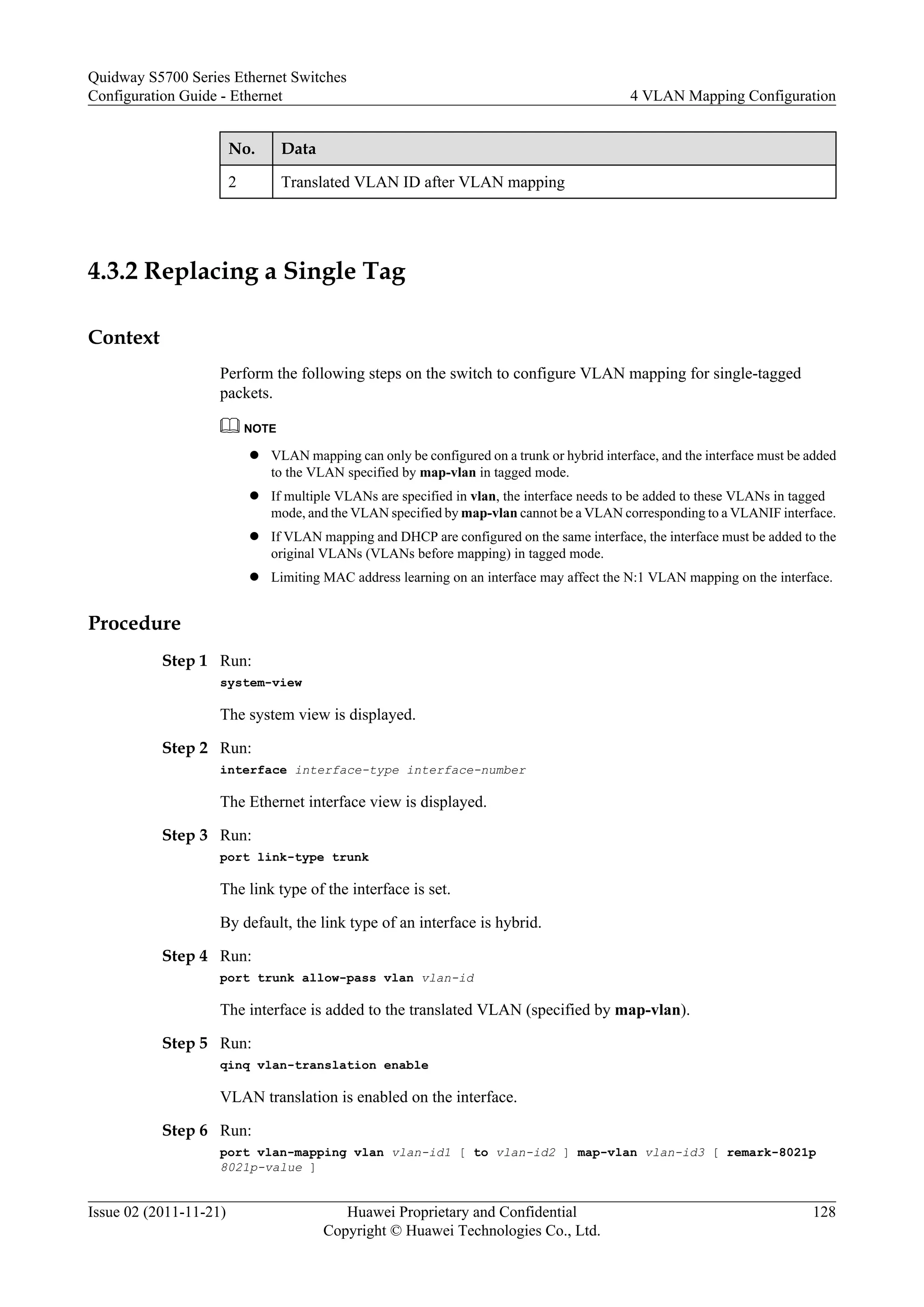 No. Data
2 Translated VLAN ID after VLAN mapping
4.3.2 Replacing a Single Tag
Context
Perform the following steps on the switch to configure VLAN mapping for single-tagged
packets.
NOTE
l VLAN mapping can only be configured on a trunk or hybrid interface, and the interface must be added
to the VLAN specified by map-vlan in tagged mode.
l If multiple VLANs are specified in vlan, the interface needs to be added to these VLANs in tagged
mode, and the VLAN specified by map-vlan cannot be a VLAN corresponding to a VLANIF interface.
l If VLAN mapping and DHCP are configured on the same interface, the interface must be added to the
original VLANs (VLANs before mapping) in tagged mode.
l Limiting MAC address learning on an interface may affect the N:1 VLAN mapping on the interface.
Procedure
Step 1 Run:
system-view
The system view is displayed.
Step 2 Run:
interface interface-type interface-number
The Ethernet interface view is displayed.
Step 3 Run:
port link-type trunk
The link type of the interface is set.
By default, the link type of an interface is hybrid.
Step 4 Run:
port trunk allow-pass vlan vlan-id
The interface is added to the translated VLAN (specified by map-vlan).
Step 5 Run:
qinq vlan-translation enable
VLAN translation is enabled on the interface.
Step 6 Run:
port vlan-mapping vlan vlan-id1 [ to vlan-id2 ] map-vlan vlan-id3 [ remark-8021p
8021p-value ]
Quidway S5700 Series Ethernet Switches
Configuration Guide - Ethernet 4 VLAN Mapping Configuration
Issue 02 (2011-11-21) Huawei Proprietary and Confidential
Copyright © Huawei Technologies Co., Ltd.
128
 