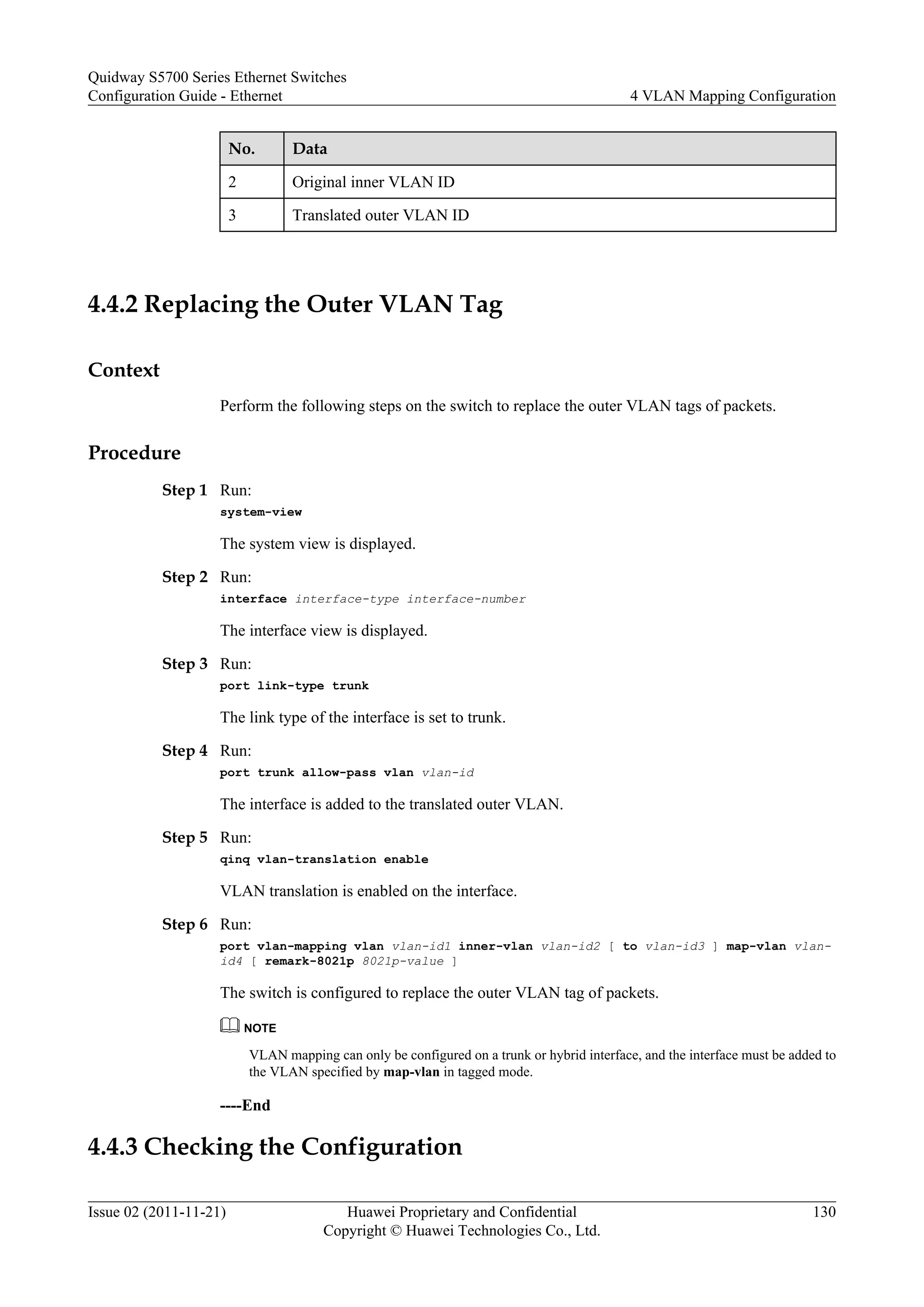 No. Data
2 Original inner VLAN ID
3 Translated outer VLAN ID
4.4.2 Replacing the Outer VLAN Tag
Context
Perform the following steps on the switch to replace the outer VLAN tags of packets.
Procedure
Step 1 Run:
system-view
The system view is displayed.
Step 2 Run:
interface interface-type interface-number
The interface view is displayed.
Step 3 Run:
port link-type trunk
The link type of the interface is set to trunk.
Step 4 Run:
port trunk allow-pass vlan vlan-id
The interface is added to the translated outer VLAN.
Step 5 Run:
qinq vlan-translation enable
VLAN translation is enabled on the interface.
Step 6 Run:
port vlan-mapping vlan vlan-id1 inner-vlan vlan-id2 [ to vlan-id3 ] map-vlan vlan-
id4 [ remark-8021p 8021p-value ]
The switch is configured to replace the outer VLAN tag of packets.
NOTE
VLAN mapping can only be configured on a trunk or hybrid interface, and the interface must be added to
the VLAN specified by map-vlan in tagged mode.
----End
4.4.3 Checking the Configuration
Quidway S5700 Series Ethernet Switches
Configuration Guide - Ethernet 4 VLAN Mapping Configuration
Issue 02 (2011-11-21) Huawei Proprietary and Confidential
Copyright © Huawei Technologies Co., Ltd.
130
 