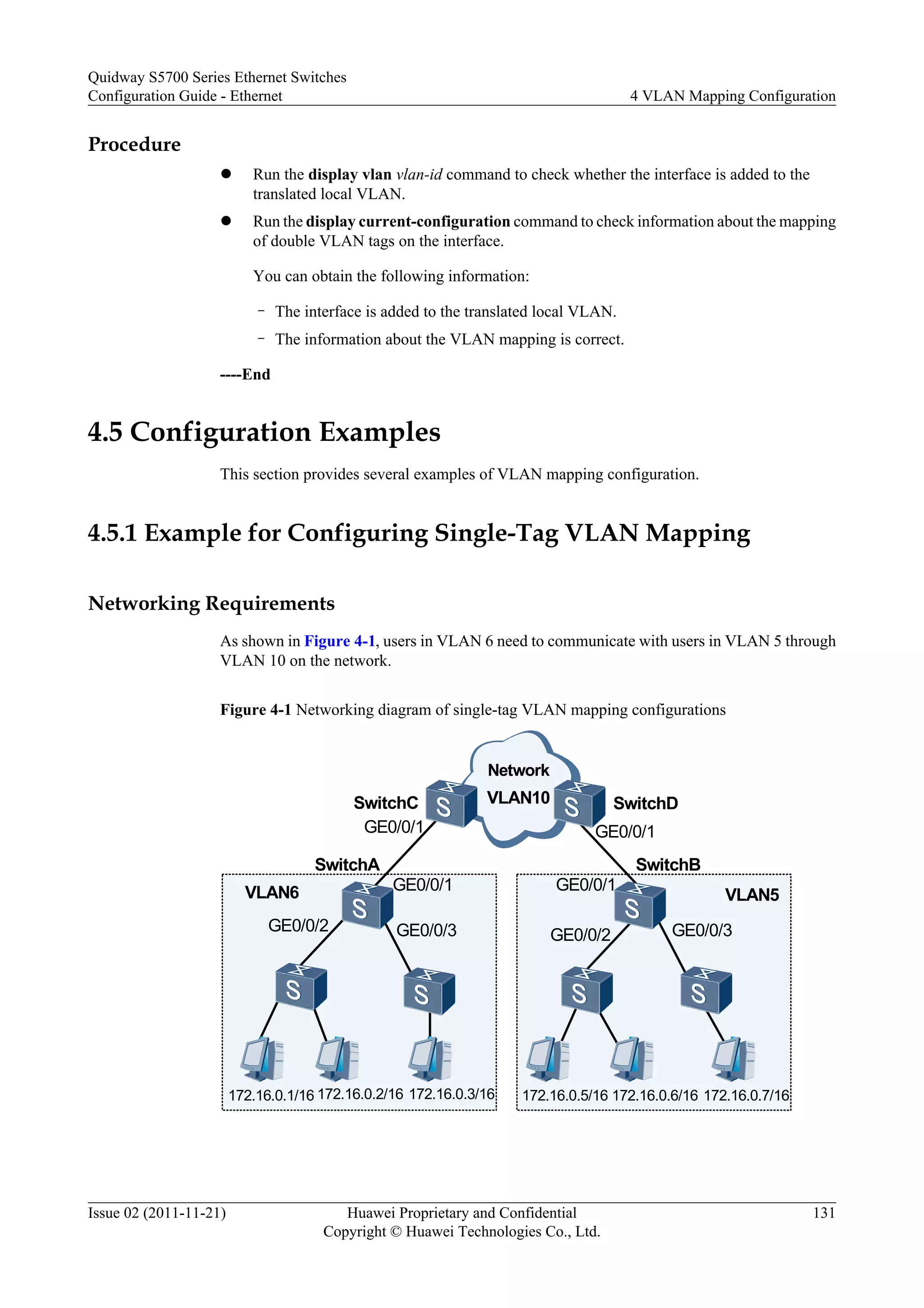 Procedure
l Run the display vlan vlan-id command to check whether the interface is added to the
translated local VLAN.
l Run the display current-configuration command to check information about the mapping
of double VLAN tags on the interface.
You can obtain the following information:
– The interface is added to the translated local VLAN.
– The information about the VLAN mapping is correct.
----End
4.5 Configuration Examples
This section provides several examples of VLAN mapping configuration.
4.5.1 Example for Configuring Single-Tag VLAN Mapping
Networking Requirements
As shown in Figure 4-1, users in VLAN 6 need to communicate with users in VLAN 5 through
VLAN 10 on the network.
Figure 4-1 Networking diagram of single-tag VLAN mapping configurations
VLAN10SwitchC SwitchD
SwitchBSwitchA
GE0/0/1
GE0/0/1
GE0/0/3GE0/0/2
VLAN6
172.16.0.1/16 172.16.0.2/16 172.16.0.3/16 172.16.0.5/16 172.16.0.6/16 172.16.0.7/16
VLAN5
GE0/0/1
GE0/0/1
GE0/0/2 GE0/0/3
Network
Quidway S5700 Series Ethernet Switches
Configuration Guide - Ethernet 4 VLAN Mapping Configuration
Issue 02 (2011-11-21) Huawei Proprietary and Confidential
Copyright © Huawei Technologies Co., Ltd.
131
 