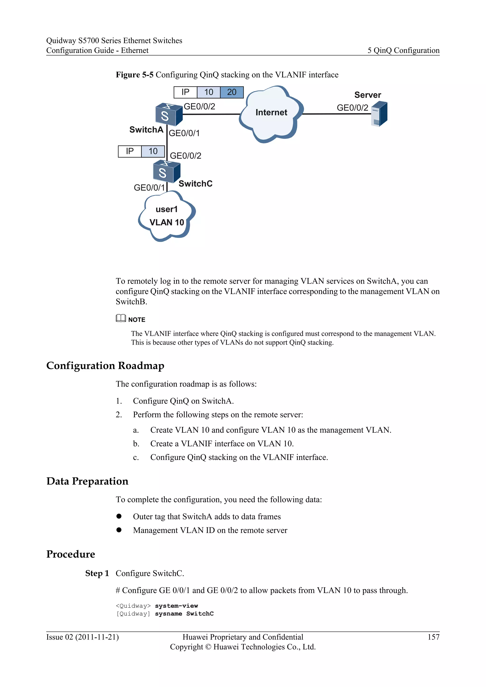 Figure 5-5 Configuring QinQ stacking on the VLANIF interface
Internet
SwitchA
Server
GE0/0/1
GE0/0/2 GE0/0/2
user1
VLAN 10
IP 10
IP 10 20
GE0/0/1
GE0/0/2
SwitchC
To remotely log in to the remote server for managing VLAN services on SwitchA, you can
configure QinQ stacking on the VLANIF interface corresponding to the management VLAN on
SwitchB.
NOTE
The VLANIF interface where QinQ stacking is configured must correspond to the management VLAN.
This is because other types of VLANs do not support QinQ stacking.
Configuration Roadmap
The configuration roadmap is as follows:
1. Configure QinQ on SwitchA.
2. Perform the following steps on the remote server:
a. Create VLAN 10 and configure VLAN 10 as the management VLAN.
b. Create a VLANIF interface on VLAN 10.
c. Configure QinQ stacking on the VLANIF interface.
Data Preparation
To complete the configuration, you need the following data:
l Outer tag that SwitchA adds to data frames
l Management VLAN ID on the remote server
Procedure
Step 1 Configure SwitchC.
# Configure GE 0/0/1 and GE 0/0/2 to allow packets from VLAN 10 to pass through.
<Quidway> system-view
[Quidway] sysname SwitchC
Quidway S5700 Series Ethernet Switches
Configuration Guide - Ethernet 5 QinQ Configuration
Issue 02 (2011-11-21) Huawei Proprietary and Confidential
Copyright © Huawei Technologies Co., Ltd.
157
 