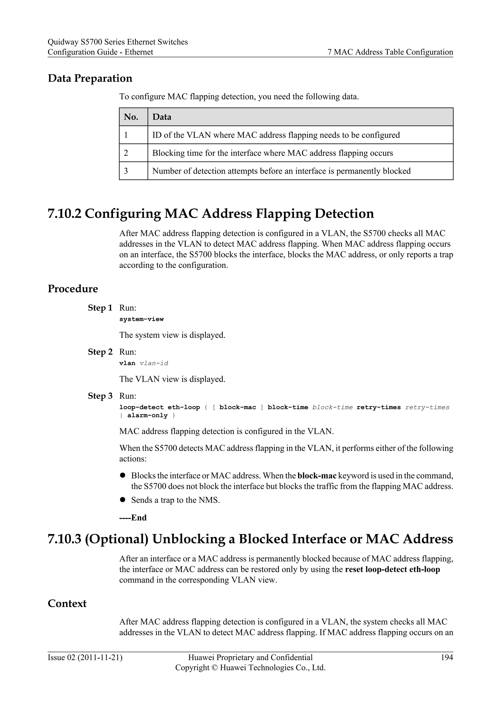 Data Preparation
To configure MAC flapping detection, you need the following data.
No. Data
1 ID of the VLAN where MAC address flapping needs to be configured
2 Blocking time for the interface where MAC address flapping occurs
3 Number of detection attempts before an interface is permanently blocked
7.10.2 Configuring MAC Address Flapping Detection
After MAC address flapping detection is configured in a VLAN, the S5700 checks all MAC
addresses in the VLAN to detect MAC address flapping. When MAC address flapping occurs
on an interface, the S5700 blocks the interface, blocks the MAC address, or only reports a trap
according to the configuration.
Procedure
Step 1 Run:
system-view
The system view is displayed.
Step 2 Run:
vlan vlan-id
The VLAN view is displayed.
Step 3 Run:
loop-detect eth-loop { [ block-mac ] block-time block-time retry-times retry-times
| alarm-only }
MAC address flapping detection is configured in the VLAN.
When the S5700 detects MAC address flapping in the VLAN, it performs either of the following
actions:
l Blocks the interface or MAC address. When the block-mac keyword is used in the command,
the S5700 does not block the interface but blocks the traffic from the flapping MAC address.
l Sends a trap to the NMS.
----End
7.10.3 (Optional) Unblocking a Blocked Interface or MAC Address
After an interface or a MAC address is permanently blocked because of MAC address flapping,
the interface or MAC address can be restored only by using the reset loop-detect eth-loop
command in the corresponding VLAN view.
Context
After MAC address flapping detection is configured in a VLAN, the system checks all MAC
addresses in the VLAN to detect MAC address flapping. If MAC address flapping occurs on an
Quidway S5700 Series Ethernet Switches
Configuration Guide - Ethernet 7 MAC Address Table Configuration
Issue 02 (2011-11-21) Huawei Proprietary and Confidential
Copyright © Huawei Technologies Co., Ltd.
194
 